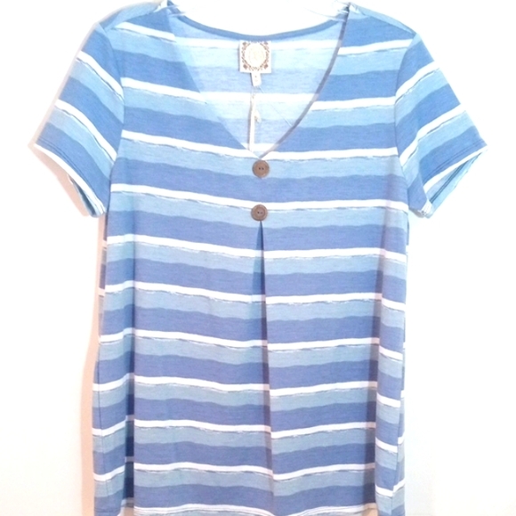 TRU SELF BLUE WHITE STRIPE V-NECK TWO BUTTON RELAXED FIT TOP SIZE SMALL NWT - Picture 1 of 5